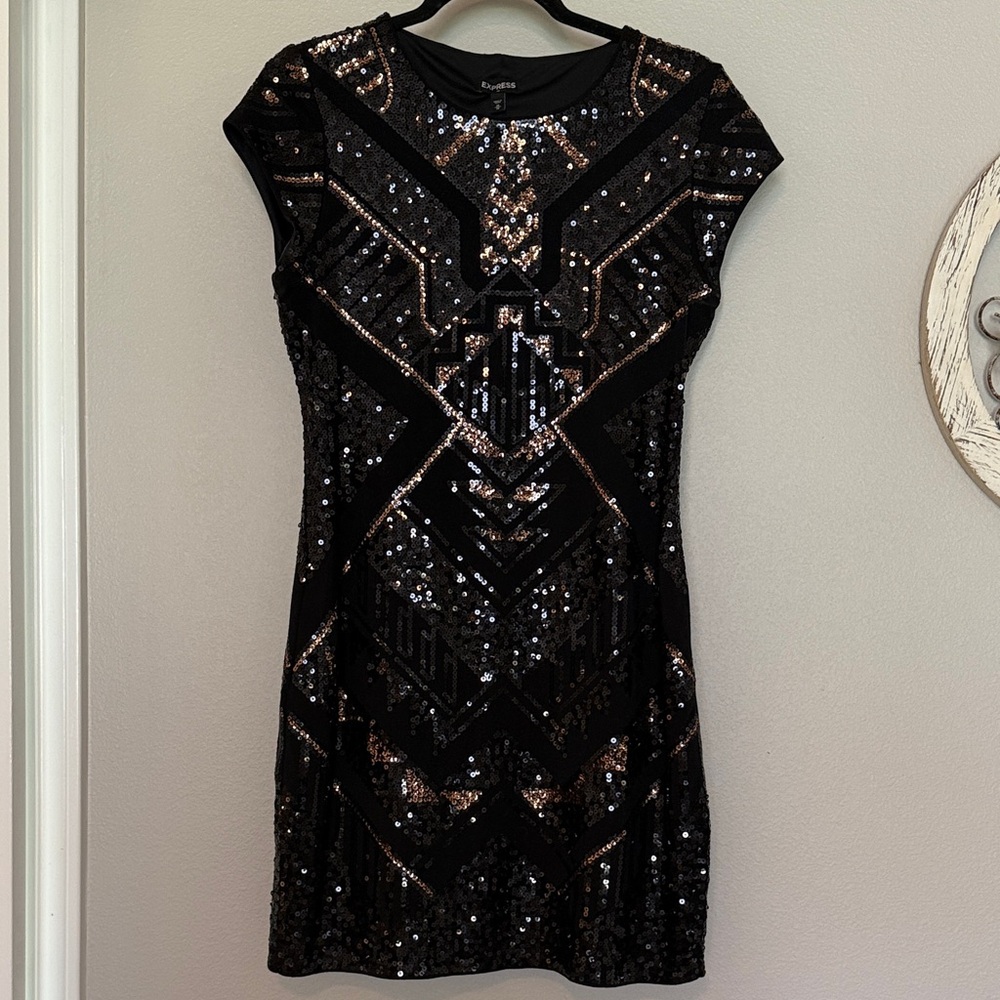 Express Black and Gold Sequin Mini Dress